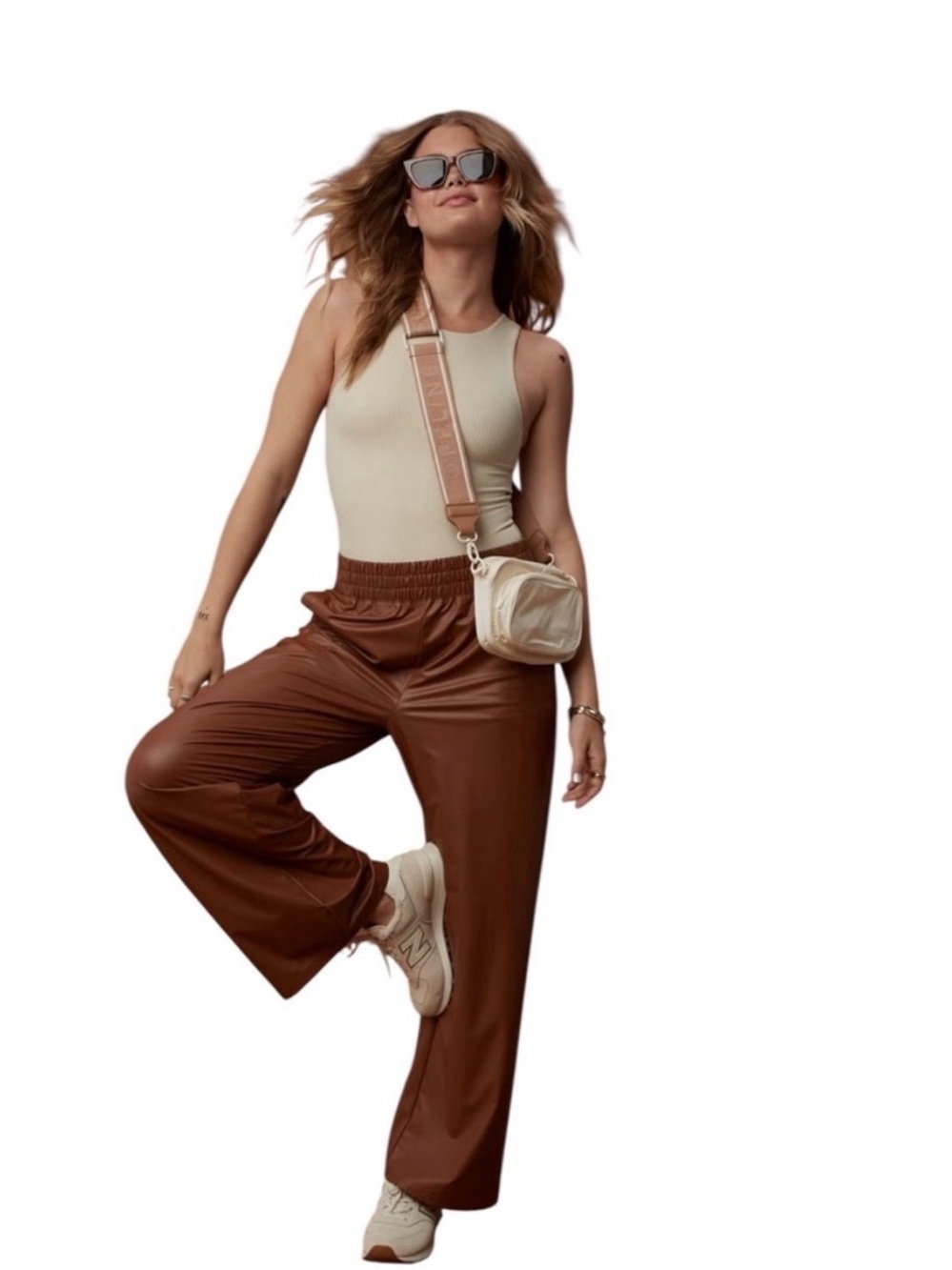 NWT Offline by Aerie REAL LUXE faux leather horizon/brown wide leg pull on pants